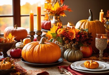 vibrant autumn harvest table setup featuring colorful fresh seasonal accents festive gathering, decor, centerpiece, foliage, produce, pumpkin, arrangement