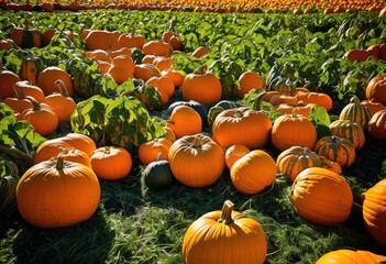 Obraz premium vibrant pumpkin patch featuring diverse intense rich colors various pumpkins gourds under bright sunlight, texture, contrast, harvest, orange, green, yellow
