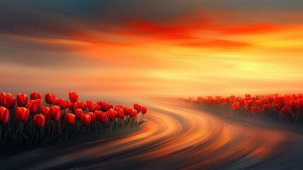 Vibrant Red Tulips Along a Serene Curved Path at Sunset