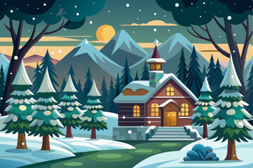 Fototapeta premium Snowy Mountain Cabin with Forest and Sunset