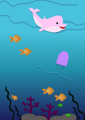 pink dolphin in sea with fish and jellyfish