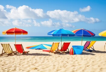 colorful beach equipment arranged soft sand under bright featuring toys summer fun, towel, umbrella, chair, vibrant, outdoor, sun, leisure, seaside