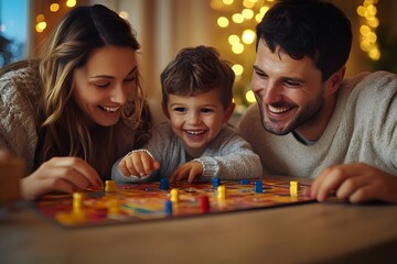 Joyous family of three enjoying board game night at home, illuminated by warm fairy lights, capturing the essence of togetherness and quality time. 
