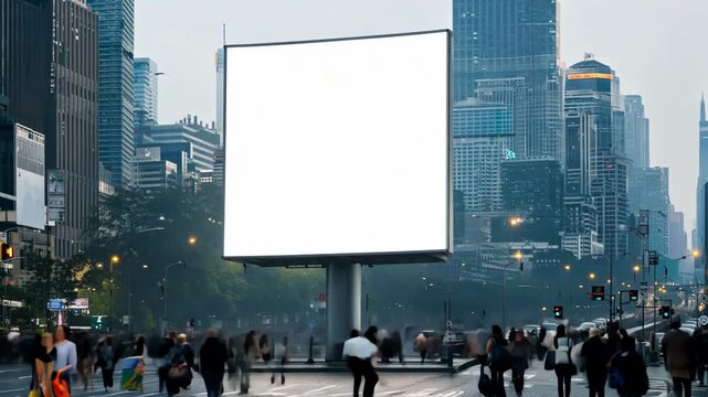Clear white billboard mockup outdoor. Advertising clean poster on modern city street for advertisement time lapse. With clipping path on screen. Mock up for ad timelapse. Blank empty space for image.