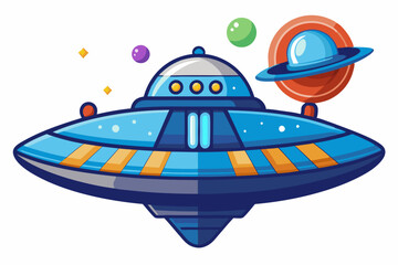 Blue Spaceship Flying Through Space with Planets