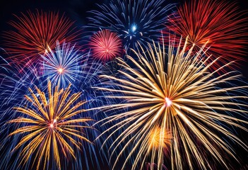 Obraz premium colorful fireworks bursting night sky creating dazzling display light colorful patterns above dark horizon, bright, vibrant, explosion, show, illumination