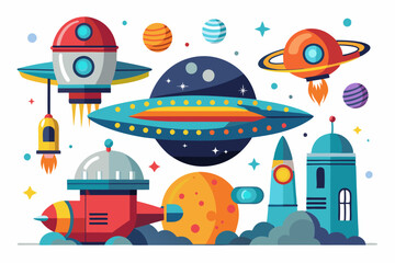 Naklejka premium A Colorful Illustration of Spaceships and Planets in Space