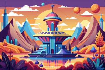 Futuristic Cityscape with Flying Saucer Building