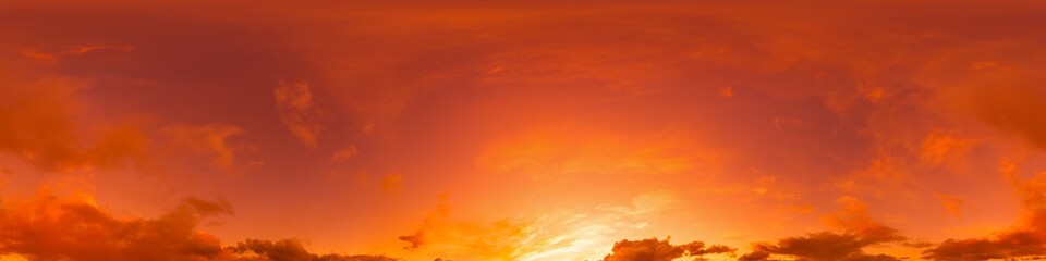 360 panorama of glowing sunset sky with bright pink Cirrus clouds. HDR 360 seamless spherical panorama. Full zenith or sky dome sky replacement for aerial drone panoramas. Climate and weather change.