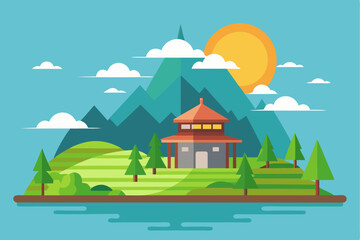 Flat Illustration of a Mountainous Landscape with a House and River