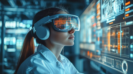 Female engineer wearing vr glasses and watching holographic projections of the building project with virtual instruments and data.