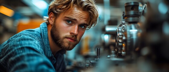 an industrial worker operating a machine lever in a bustling factory setting. industrial operations, machine handling and manufacturing processes