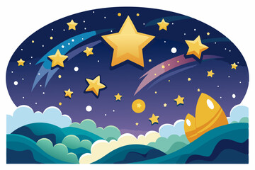 Cartoon Night Sky with Stars and Rocket Ship