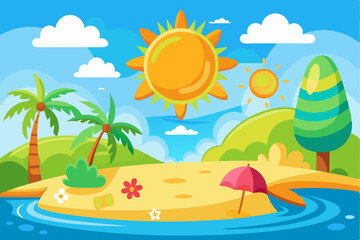 A Sunny Beach Scene with Palm Trees, a Red Umbrella, and a Bright Blue Ocean