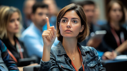A woman wants to ask a question during a conference.
