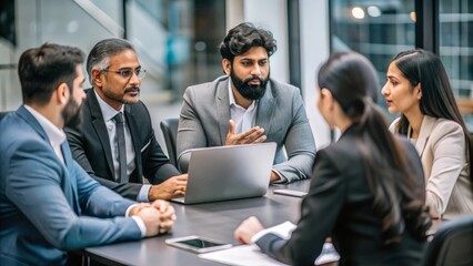 A group of Indian customer service representatives in a meeting room, discussing strategies.
