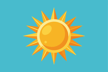 Fototapeta premium A stylized yellow sun with orange rays against a light blue sky