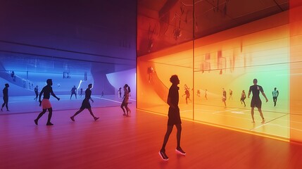 Digital sports complex with AI-generated training programs and holographic performance tracking