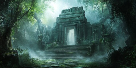 Obraz premium Mystical Ancient Temple: A Shrine Enveloped in Mist and Vines within a Dense Forest, Anime-Style Fantasy Exploration,Anime style, storybook illustrations, comic strips, book illustrations and picture 
