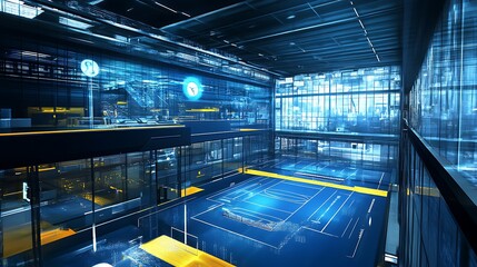 Digital sports complex with AI-generated training programs and holographic performance tracking