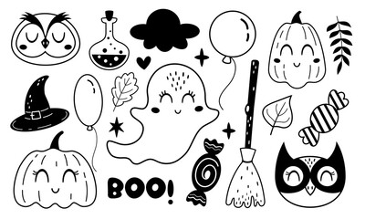 Halloween clipart. Halloween pumpkin, ghost clipart in cartoon flat style. Black and white Halloween doodle. Hand drawn vector illustration.