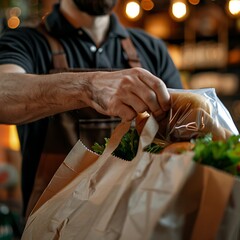Obraz premium cashier passing a bag with food order to a driver in a bike helmet