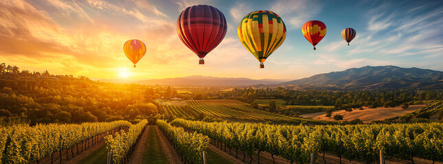 Hot Air Balloons Over Vineyards at Sunset.