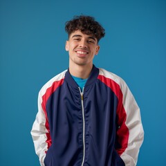Obraz premium A young man wearing a blue, white, and red jacket is smiling for the camera. The jacket has a zipper on the front, and the man is wearing a blue shirt underneath. Scene is cheerful and lighthearted