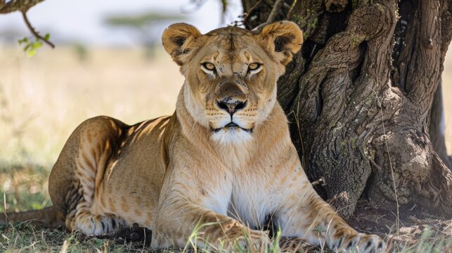 Lioness Resting Under a Tree in the African Savanna