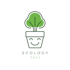 botanical plant grow happy line logo design graphic vector