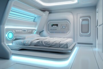 Futuristic Bedroom with Floating Bed and Integrated Tech Gadgets.