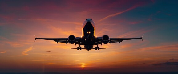 The Silhouette Of A Passenger Plane Flying Into A Vibrant Sunset, Creating A Picturesque And Dreamy Scene