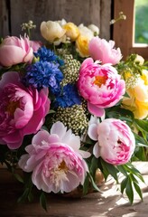 Obraz premium colorful floral arrangements cheerful settings featuring variety blooms lush greenery, bouquet, flower, vibrant, design, nature, garden, decor, beauty