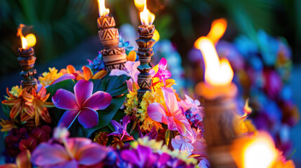 Tiki Torches and Flowers at a Hawaiian Luau