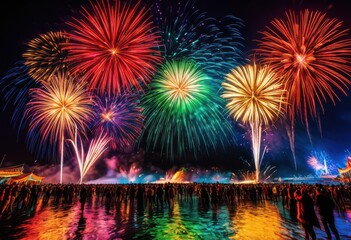 Obraz premium vibrant fireworks lighting night sky festive celebration colorful explosions sparkling displays, illumination, festival, sparkle, event, lights, pyrotechnics