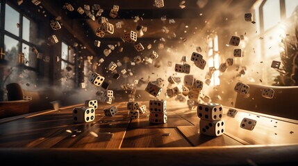 A dramatic shot capturing the moment of impact as dice hit the table, conveying the intensity and excitement of a game.