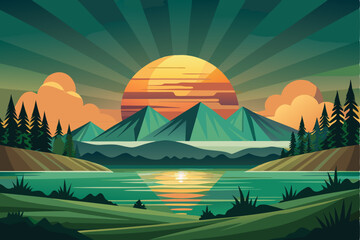 Obraz premium Sunset Over Mountains and a Lake with Trees