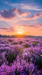 Fototapeta premium Heather flowers field with sunset in the background