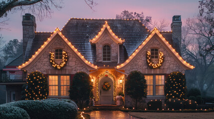 Obraz premium Stone House Decorated With Christmas Lights