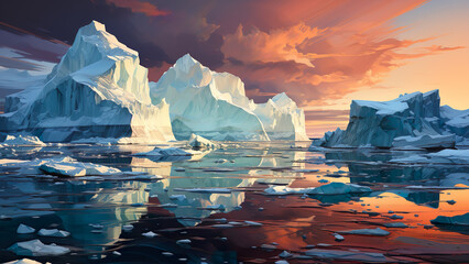 Obraz premium Icebergs - iceberg, sunset, reflection, ocean, water, arctic, landscape, nature, ice, sky, glacier, cold, frozen, polar, serene, arctic sunset, icy landscape