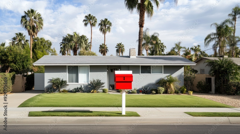 Sticker Modern suburban home with a red mailbox, palm trees, and a green lawn.