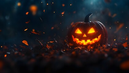 Naklejka premium A glowing jack-o'-lantern sits amidst dark, smoky ambiance, capturing the essence of Halloween with its spooky charm.