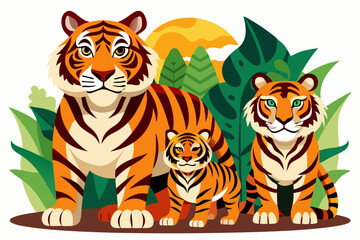 Family of Three Tigers in a Lush Jungle Setting