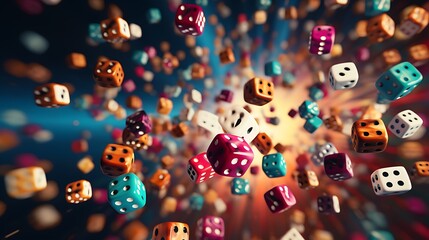A dynamic image of multiple dice in a colorful array, each face capturing different numbers, illustrating the diversity of possible outcomes.