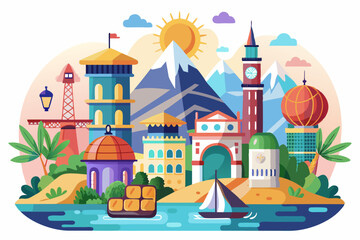 A Colorful Cityscape with a Mountain, Buildings, and a Sailboat