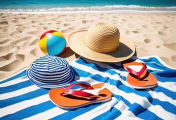 colorful beach accessories displayed bright beach towel summer fun relaxation, vibrant, sun, seaside, sand, outdoor, leisure, fashion, mat, striped
