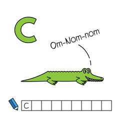 Alphabet with cute cartoon animals isolated on white background. Learning to write game for children education. Vector illustration of crocodile and letter C