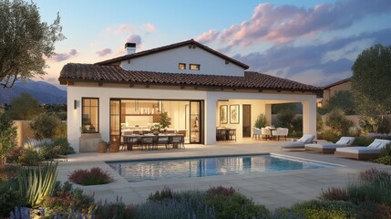 Obraz premium Modern Mediterranean home with a swimming pool and patio, set against a dramatic mountain backdrop.
