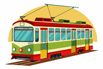 A vintage red and green tram with open doors and wheels on tracks