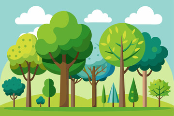 A Colorful Illustration of a Lush Green Forest with a Blue Sky and Fluffy Clouds